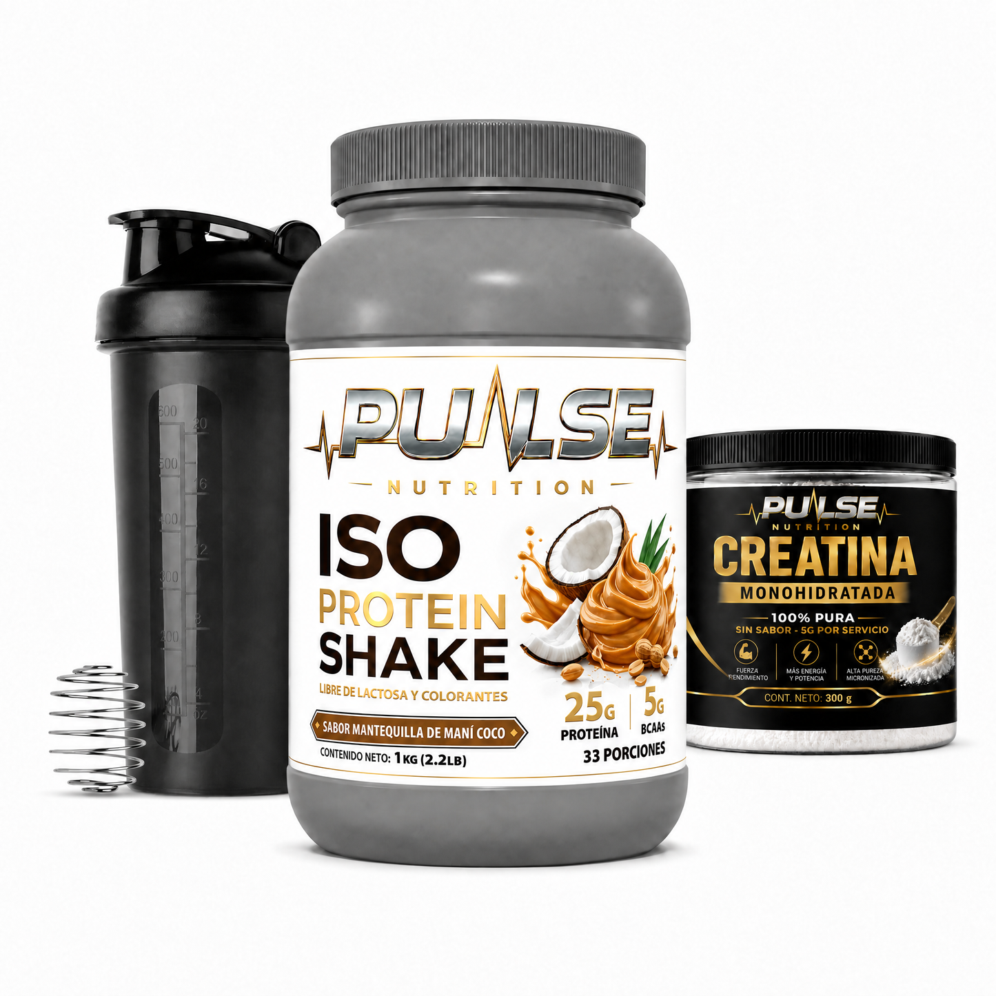 Pack Proteina ISO Shake sabor Mantequilla Mani Coco con Creatina 300 g y Shaker Pulse Nutrition