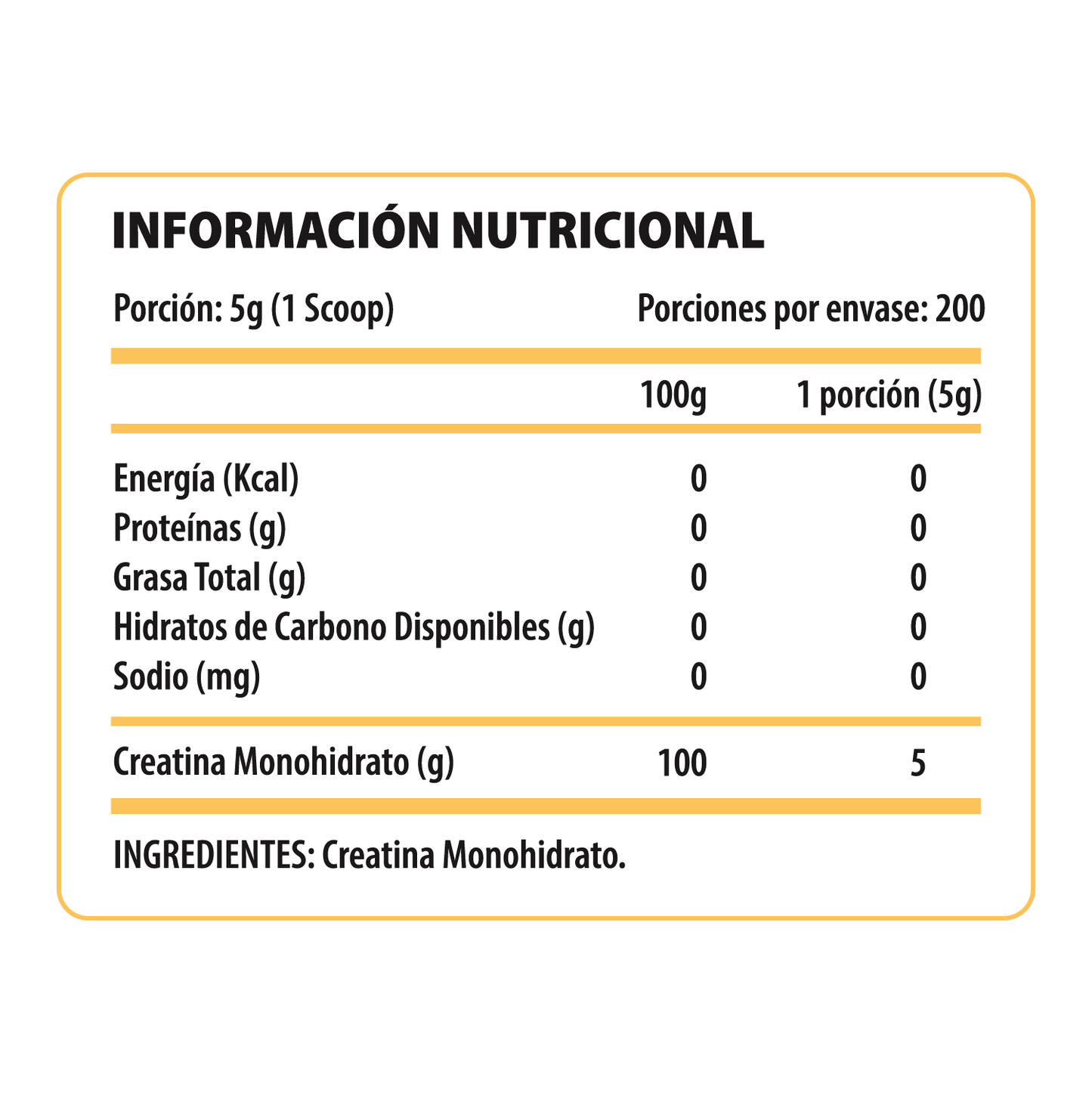 Información nutricional de Creatina Monohidratada 1 kg Pulse Nutrition