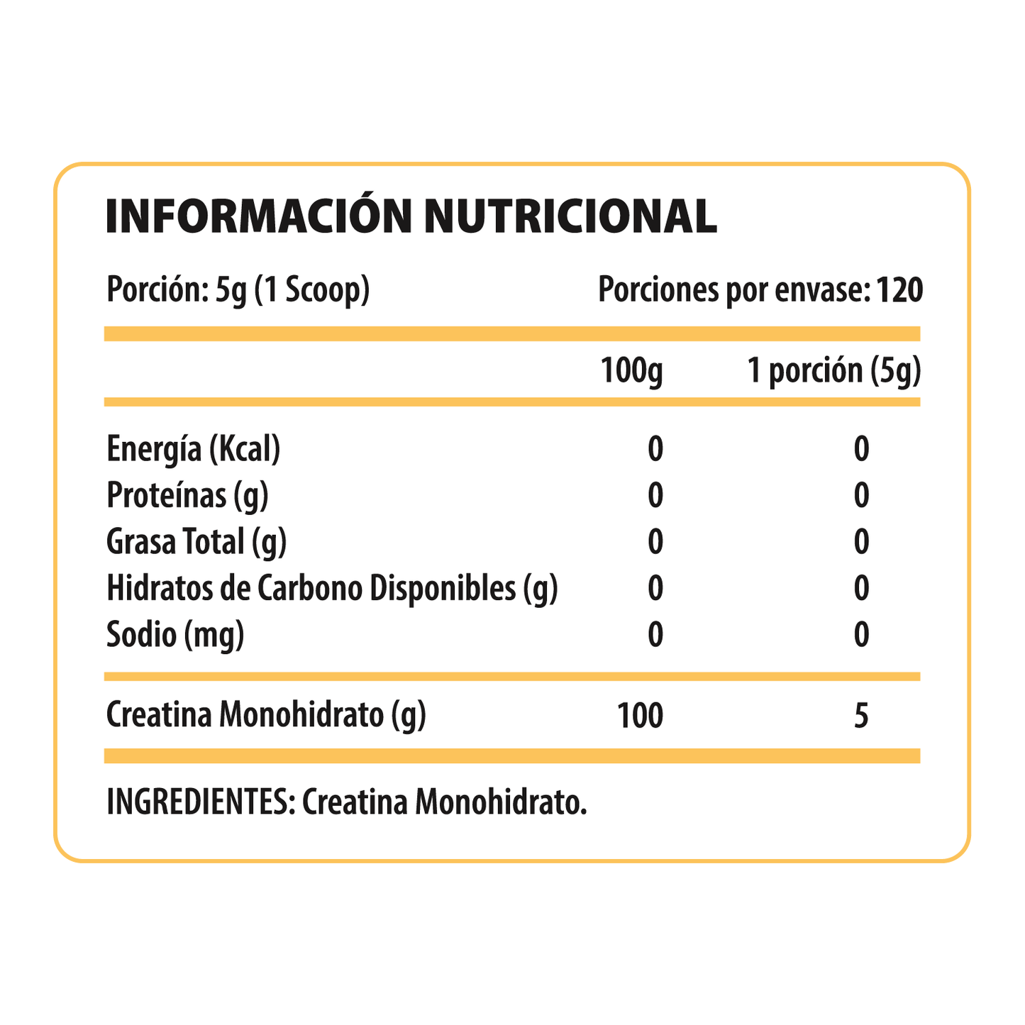 Información nutricional de Creatina Monohidratada 600 g Pulse Nutrition
