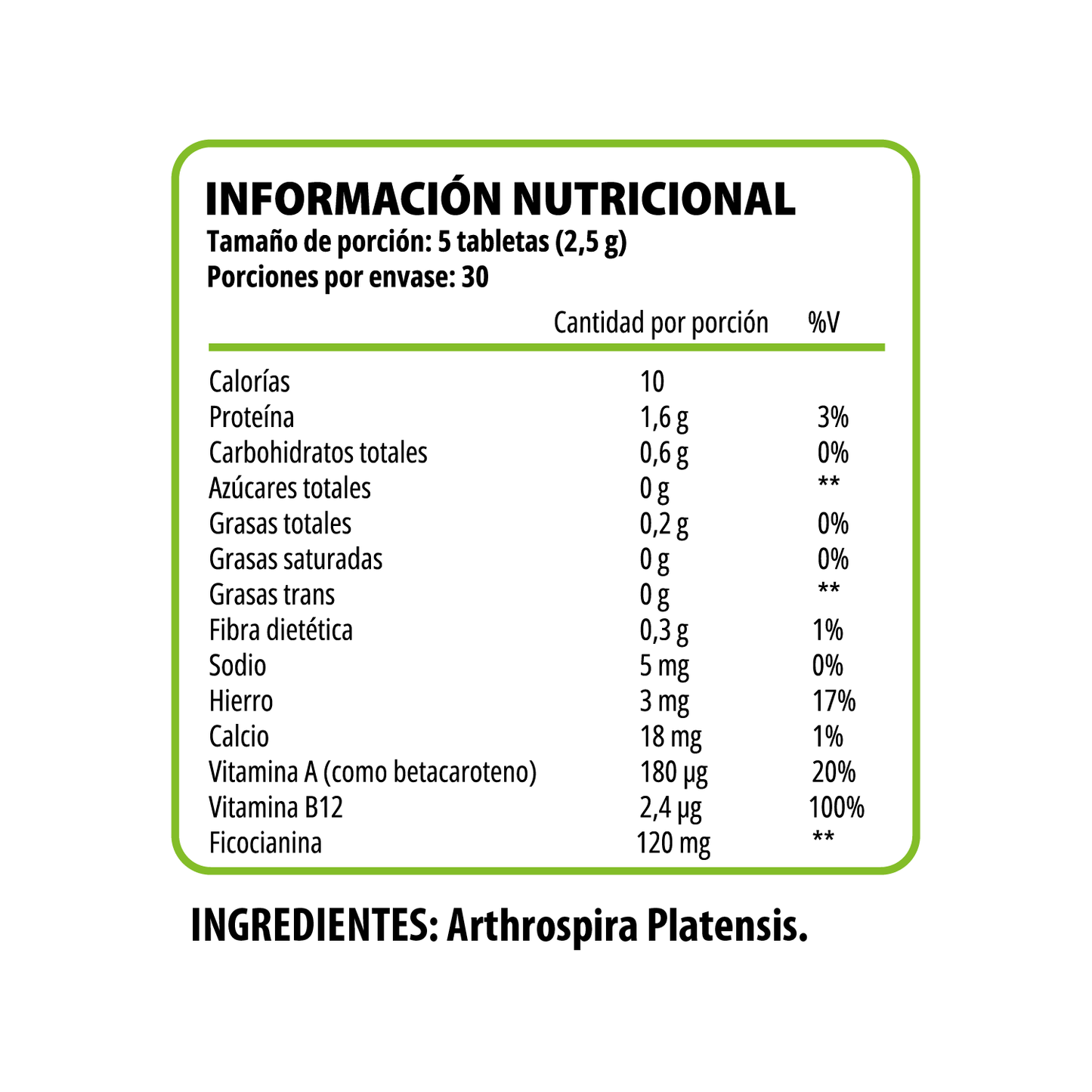 Información nutricional de Espirulina 500 mg Pulse Nutrition 150 tabletas