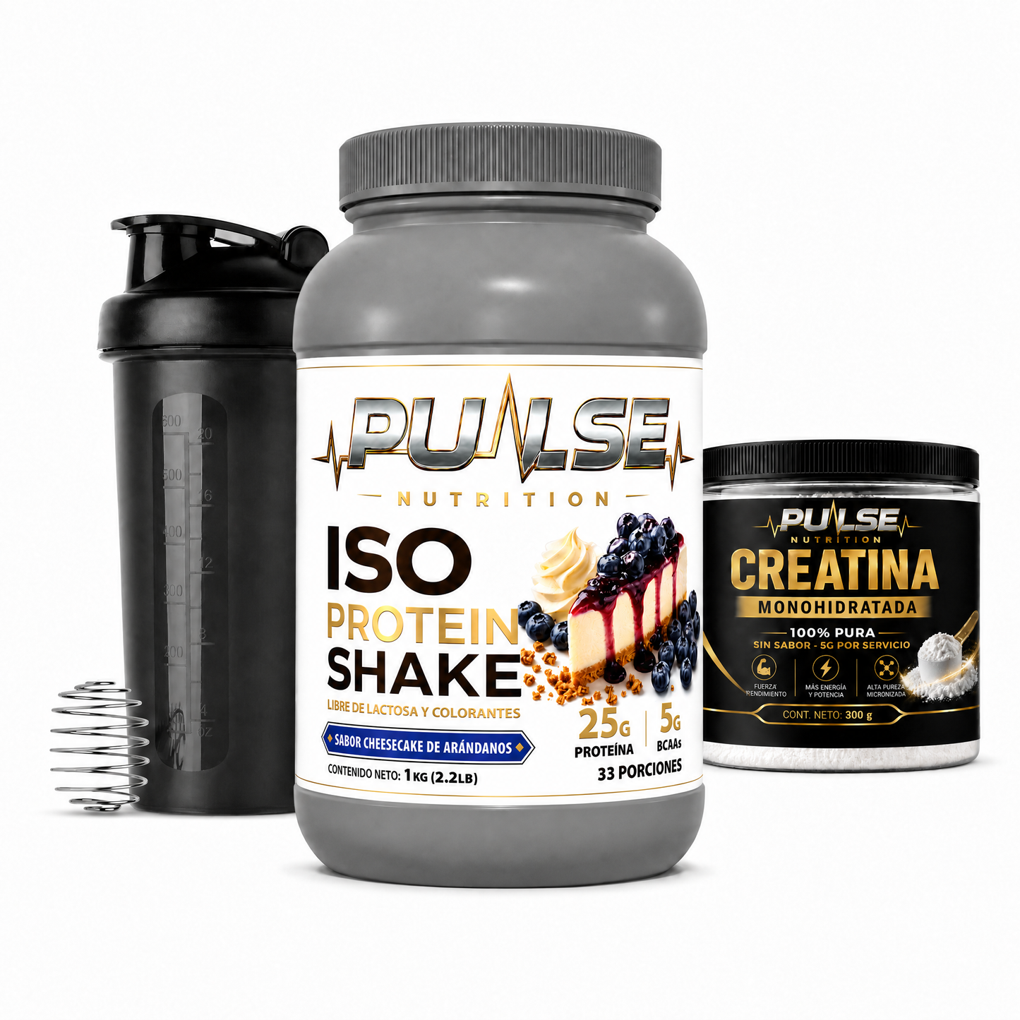 Pack Proteina ISO Shake sabor Cheesecake de Arandanos con Creatina 300 g y Shaker Pulse Nutrition