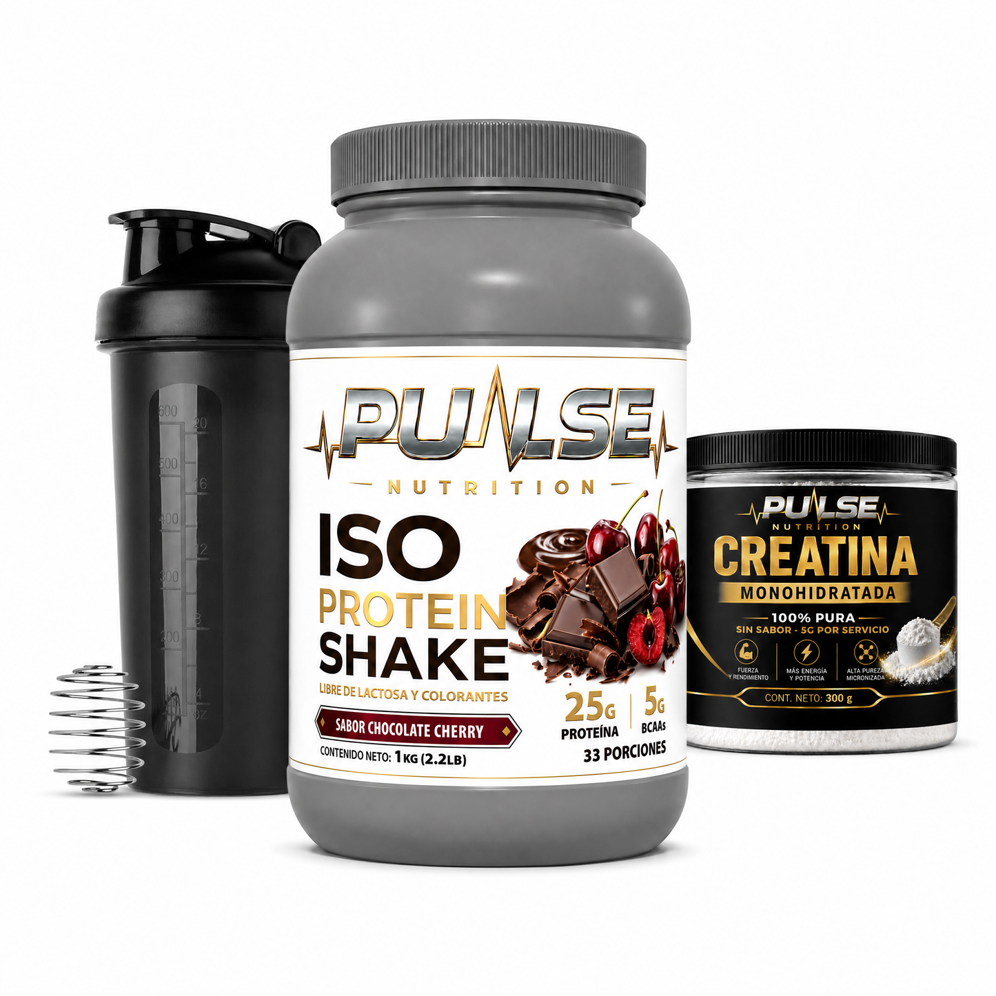 Pack Proteina ISO Shake sabor Chocolate Cherry con Creatina 300 g y Shaker Pulse Nutrition