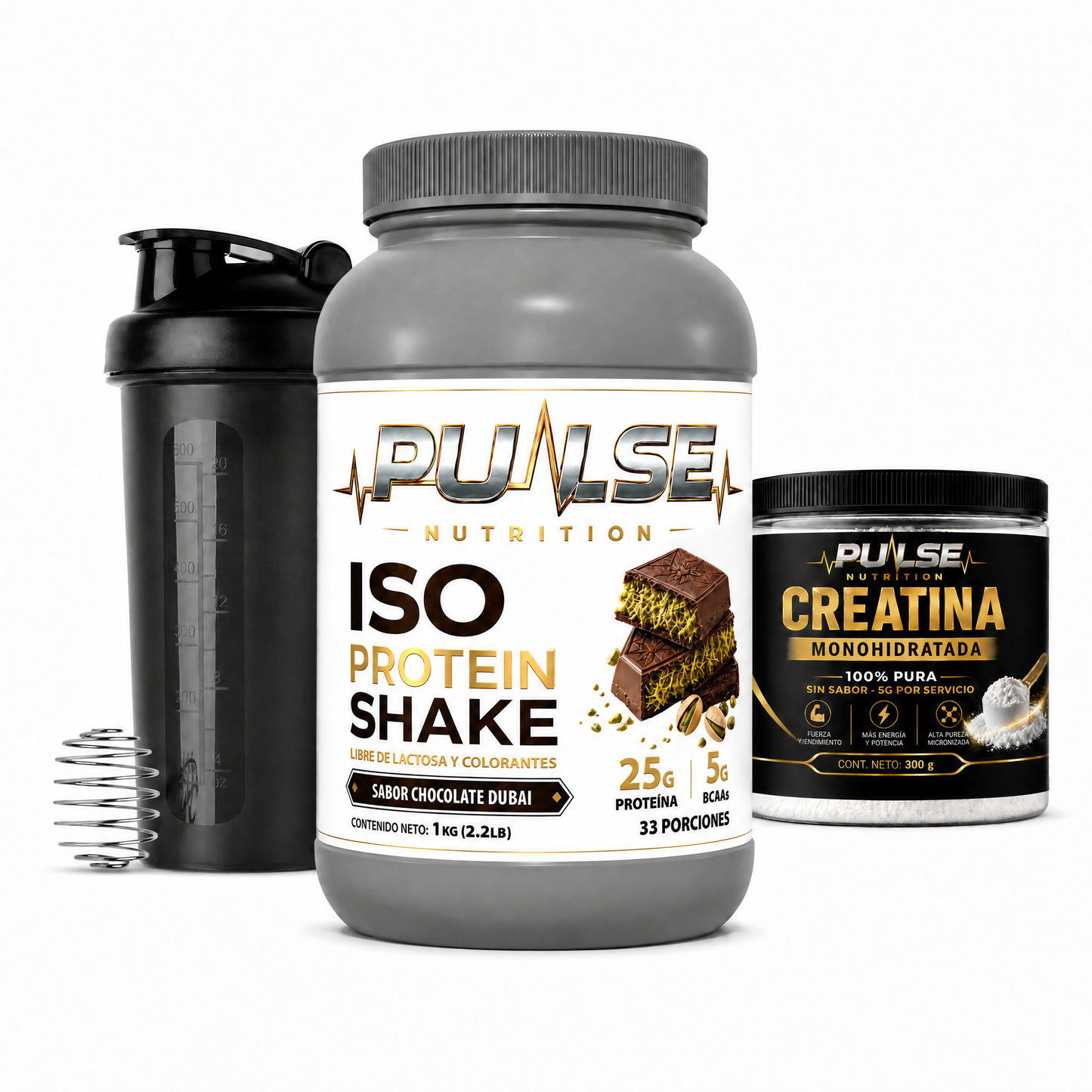 Pack Proteina ISO Shake sabor Chocolate Dubai con Creatina 300 g y Shaker Pulse Nutrition