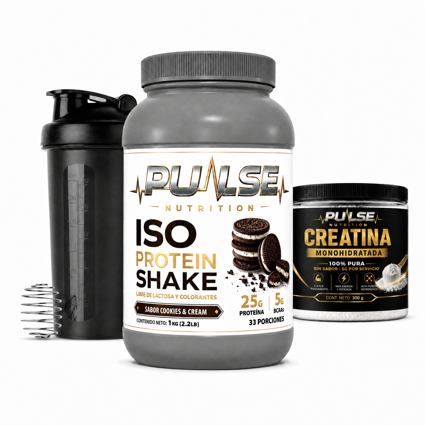 Pack Proteina ISO Shake sabor Cookies and Cream con Creatina 300 g y Shaker Pulse Nutrition
