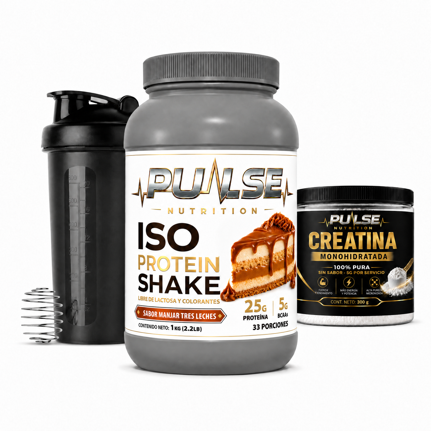 Pack Proteina ISO Shake sabor Manjar Tres Leches con Creatina 300 g y Shaker Pulse Nutrition