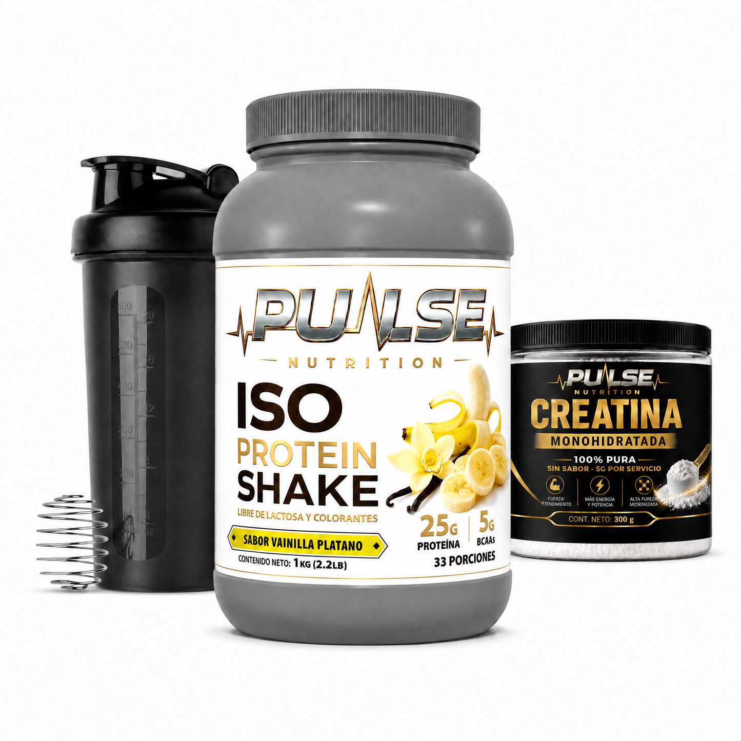 Pack Proteina ISO Shake sabor Vainilla Platano con Creatina 300 g y Shaker Pulse Nutrition