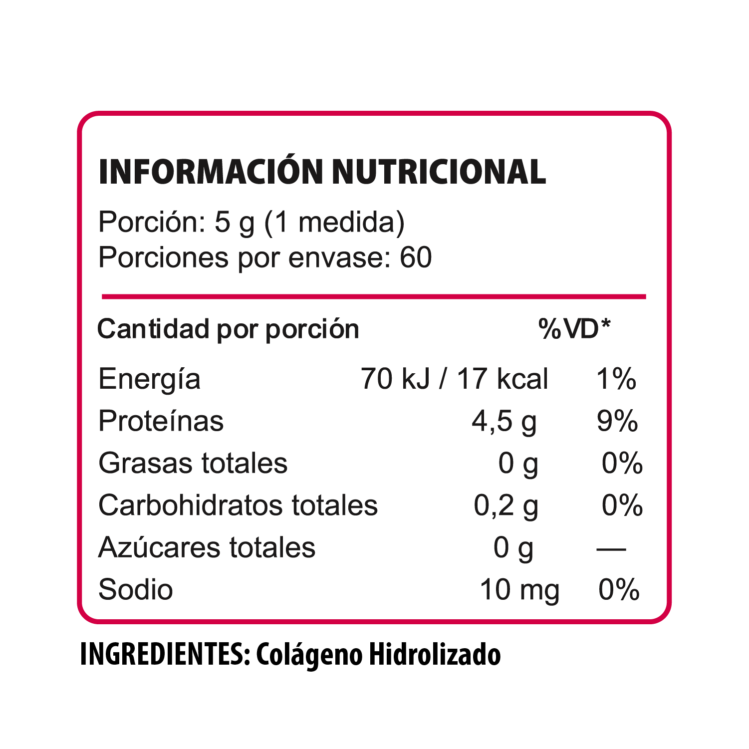 Información nutricional de Colágeno Hidrolizado Tipo 1 y 3 Pulse Nutrition 300 g