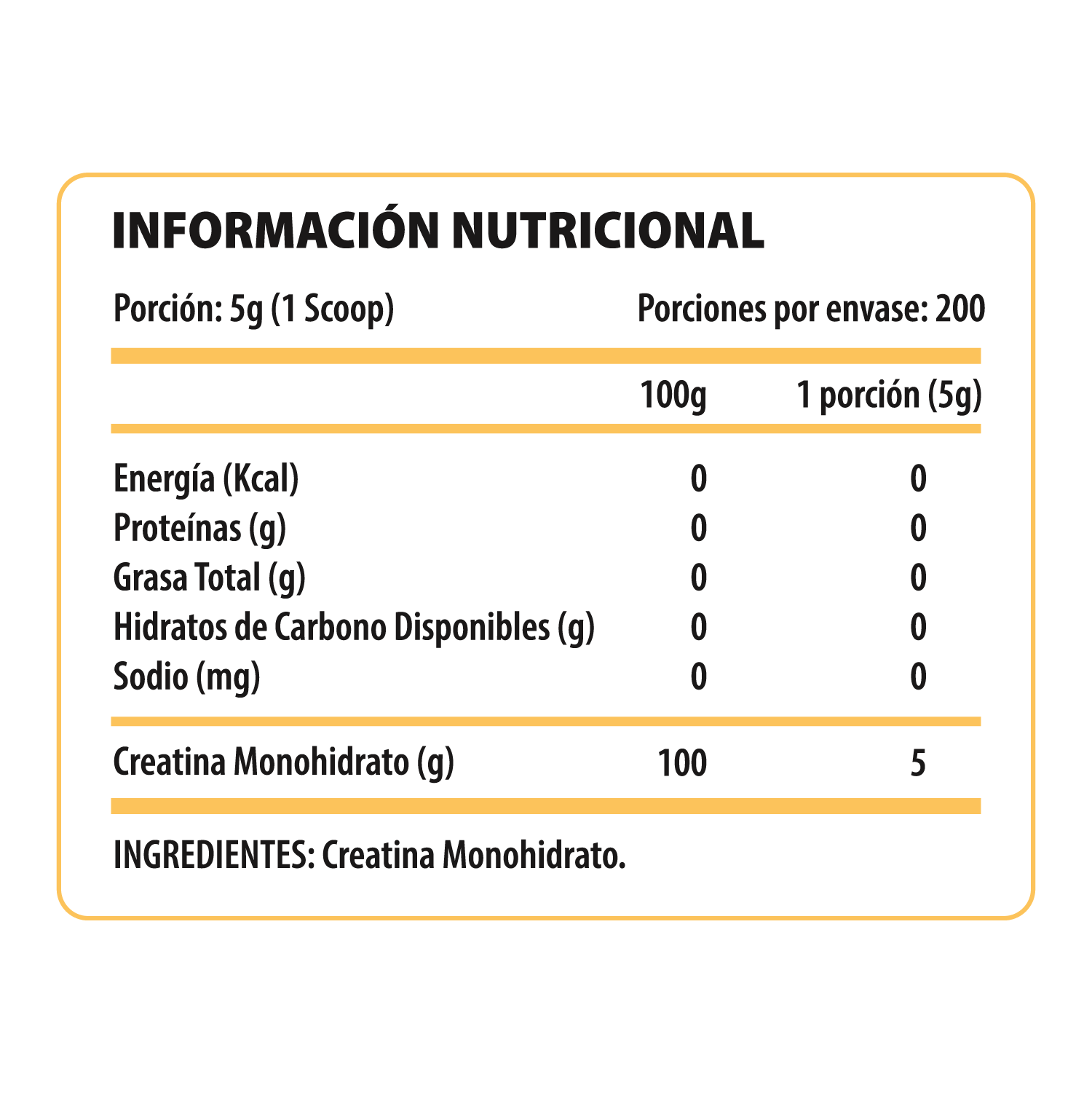 Información nutricional de Creatina Monohidratada 1 kg Pulse Nutrition