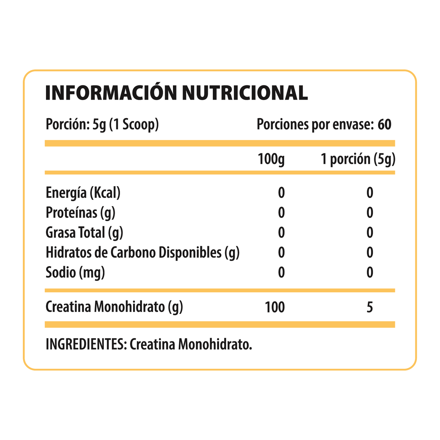 Información nutricional de Creatina Monohidratada 300 g Pulse Nutrition