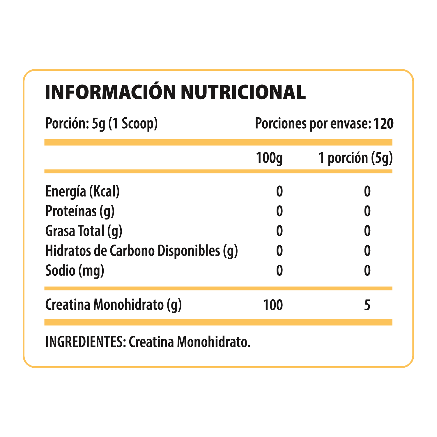 Información nutricional de Creatina Monohidratada 600 g Pulse Nutrition