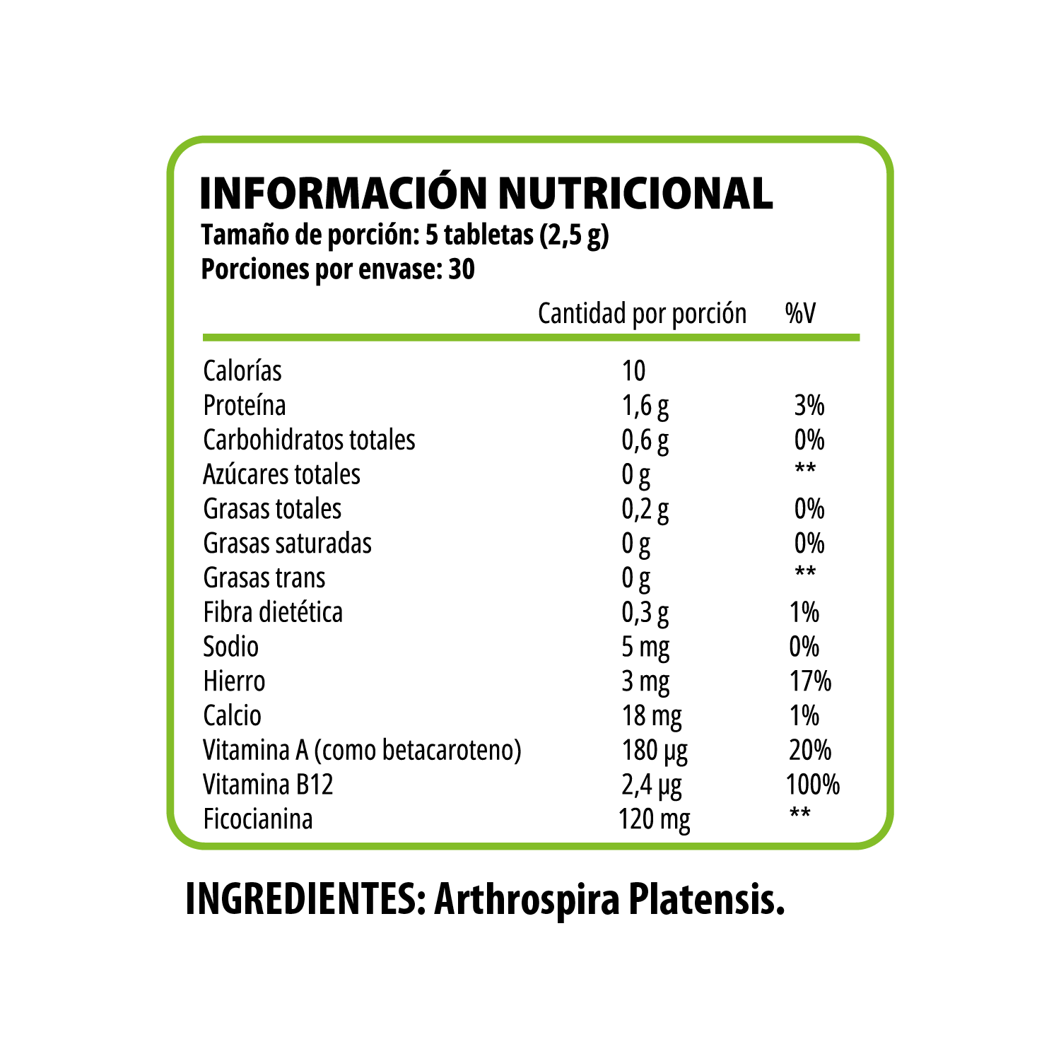 Información nutricional de Espirulina 500 mg Pulse Nutrition 150 tabletas