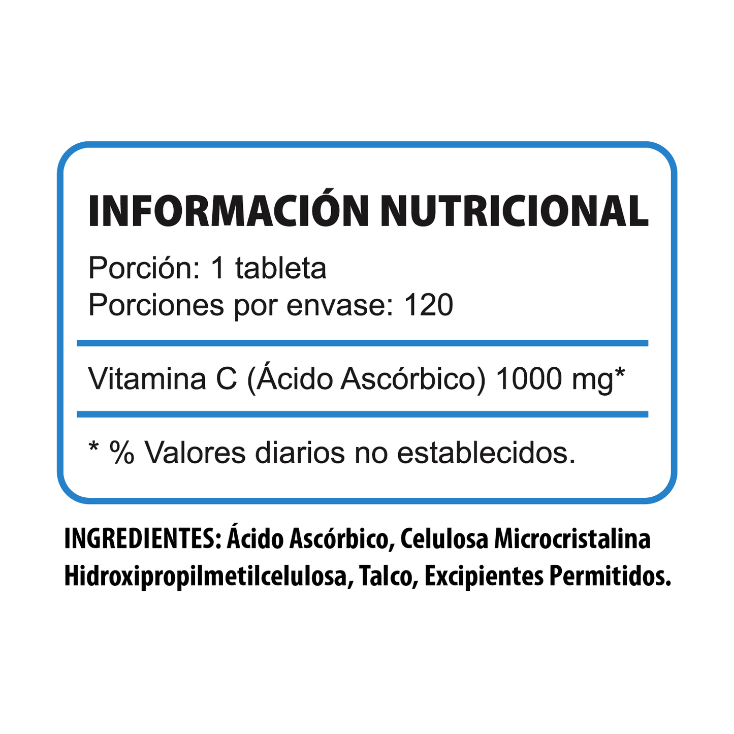 Información nutricional de Vitamina C 1000 mg Pulse Nutrition 120 tabletas